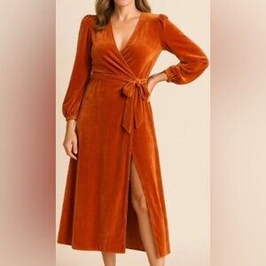Ladygang Orange Velvet Wrap Dress
